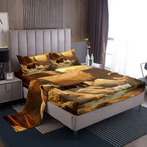 Erosebridal Bear Bed Sheet King Size,Cabin Lodge Mountain Wildlife Sheet Set for Men Women Adults,Rustic Brown Bear Sheets Jungle Stream River Print Bed Sheets Natural Landscape Home Bedroom Decor
