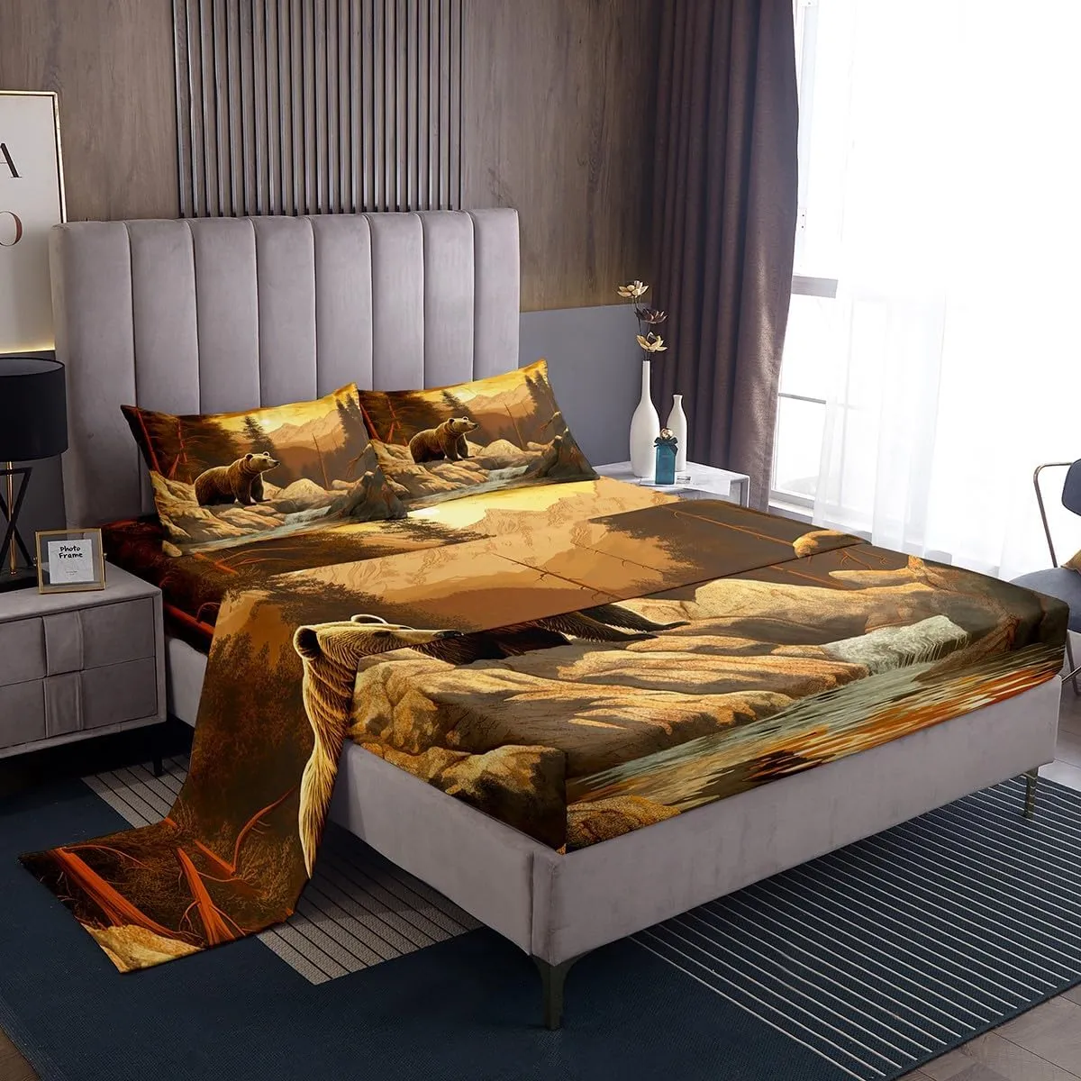 Erosebridal Bear Bed Sheet King Size,Cabin Lodge Mountain Wildlife Sheet Set for Men Women Adults,Rustic Brown Bear Sheets Jungle Stream River Print Bed Sheets Natural Landscape Home Bedroom Decor