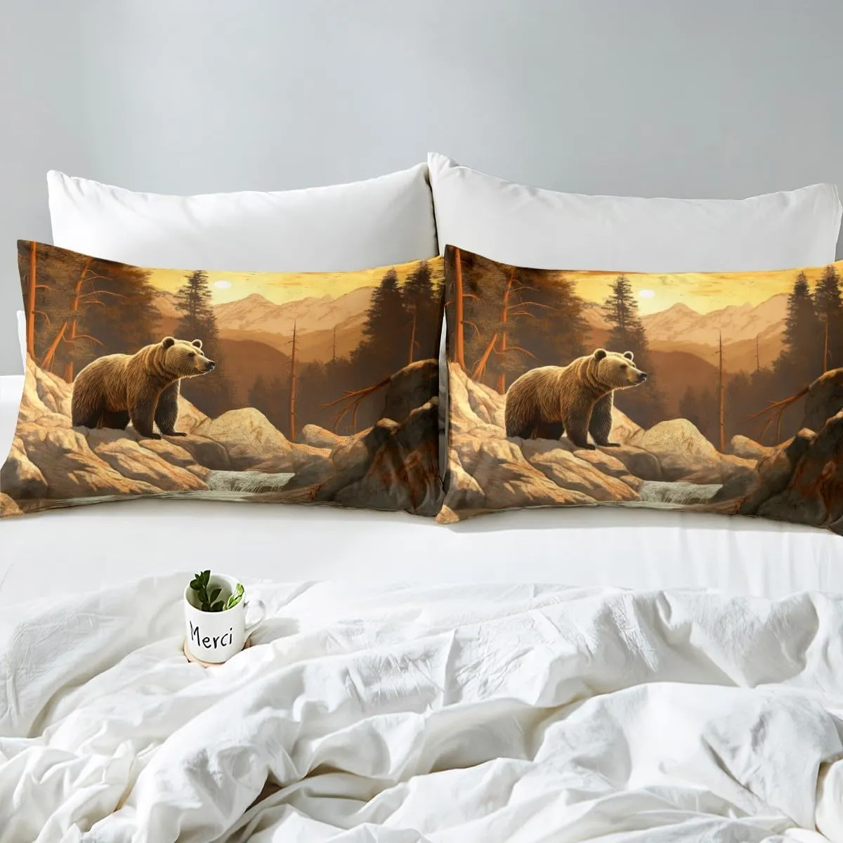 Erosebridal Bear Bed Sheet King Size,Cabin Lodge Mountain Wildlife Sheet Set for Men Women Adults,Rustic Brown Bear Sheets Jungle Stream River Print Bed Sheets Natural Landscape Home Bedroom Decor