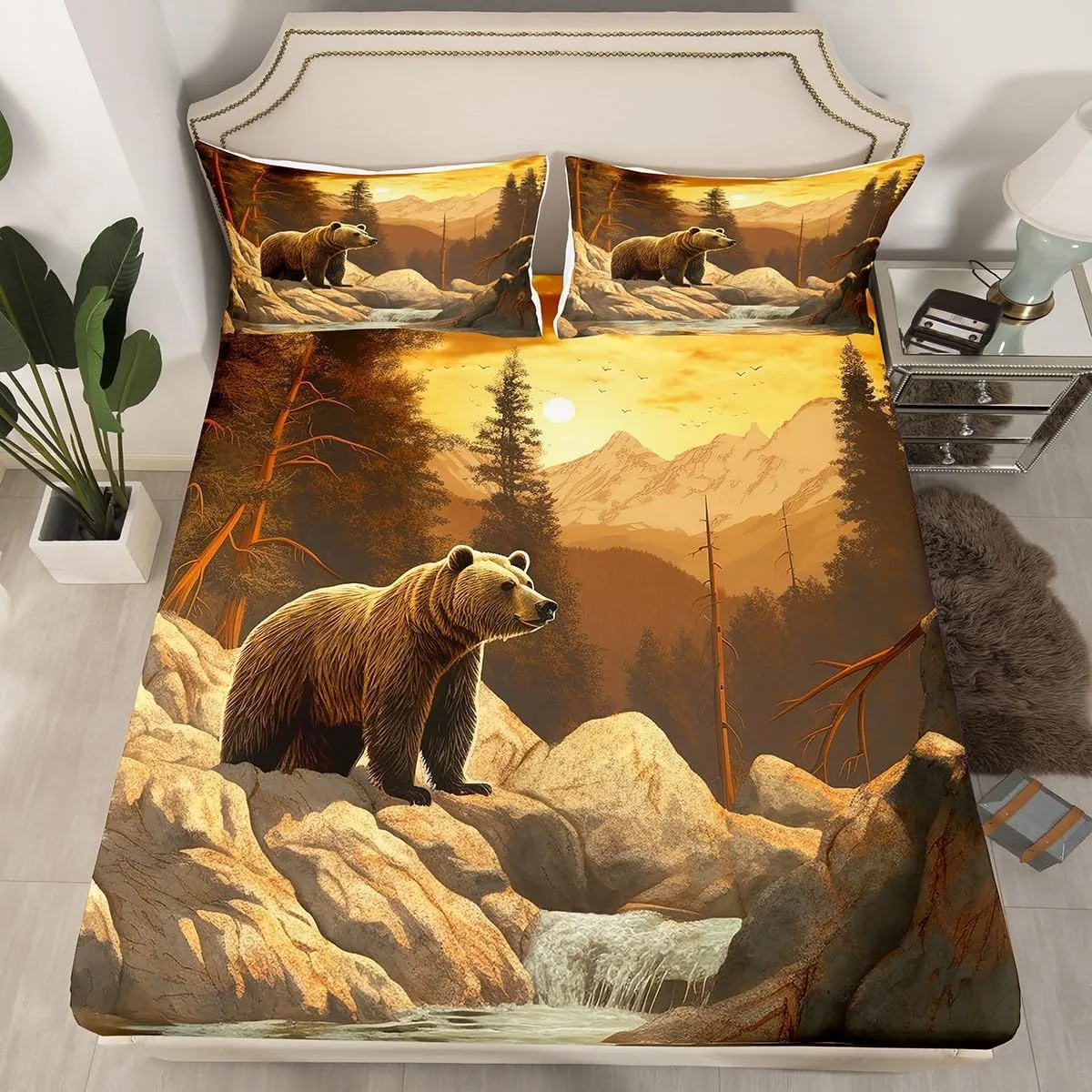 Erosebridal Bear Bed Sheet King Size,Cabin Lodge Mountain Wildlife Sheet Set for Men Women Adults,Rustic Brown Bear Sheets Jungle Stream River Print Bed Sheets Natural Landscape Home Bedroom Decor