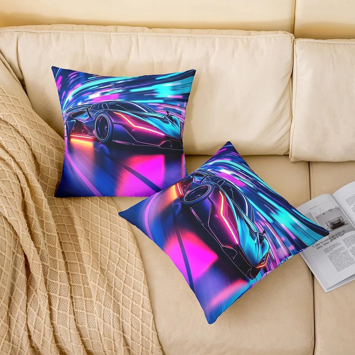 Erosebridal Extreme Car Throw Pillow Cover 22x22 Inch for Sofa Bed Couch,Sports Racing Car Cushion Cover Home Room Decor,Blue Purple Neon Lighting Cushion Case,Cool Sport Decorative Pillowcase