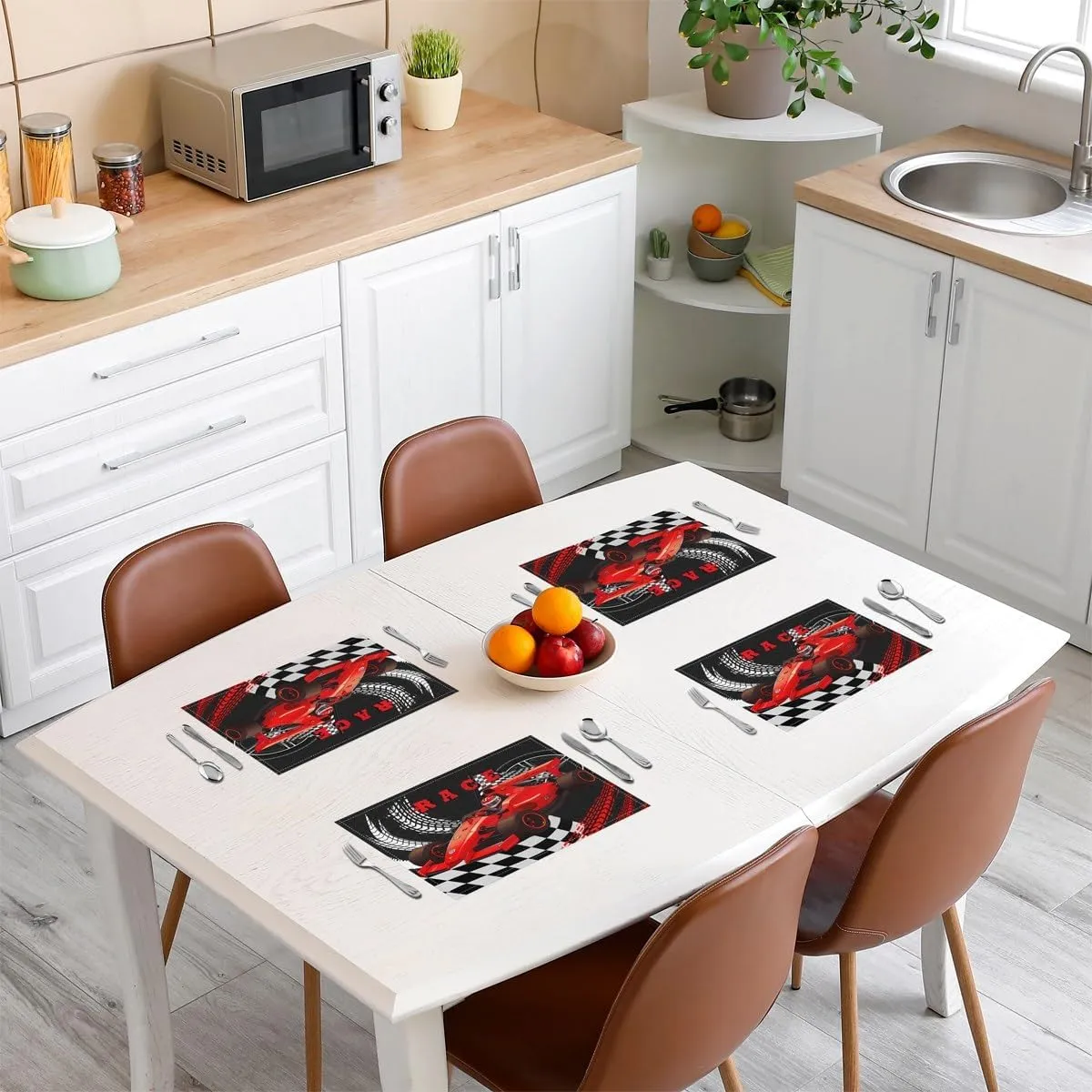 Erosebridal Go Kart Placemats Set of 4 12x18 Size for Kids Child Toddler,Sports Car Place Mats for Boys,Modern Drift Kart Table Mats,Red Black Extreme Sport Car Meal Mats for Kitchen