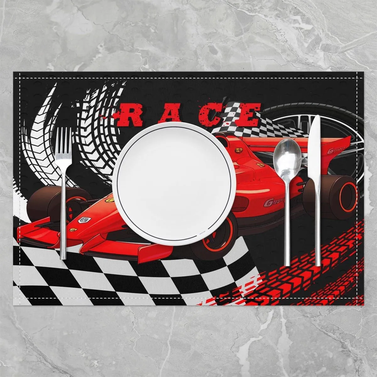 Erosebridal Go Kart Placemats Set of 4 12x18 Size for Kids Child Toddler,Sports Car Place Mats for Boys,Modern Drift Kart Table Mats,Red Black Extreme Sport Car Meal Mats for Kitchen