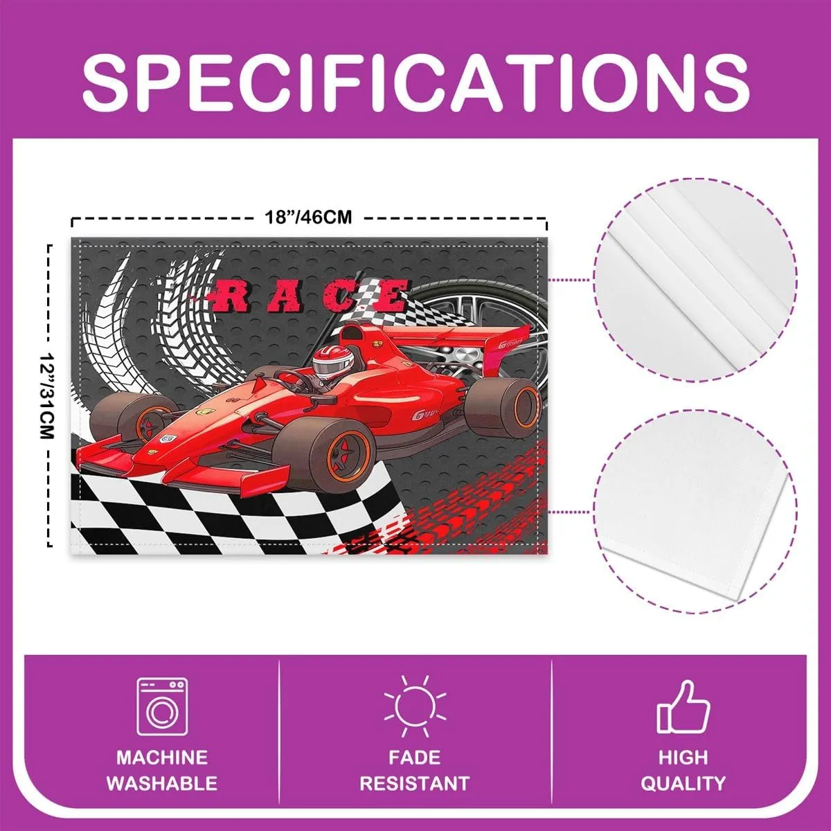 Erosebridal Go Kart Placemats Set of 4 12x18 Size for Kids Child Toddler,Sports Car Place Mats for Boys,Modern Drift Kart Table Mats,Red Black Extreme Sport Car Meal Mats for Kitchen