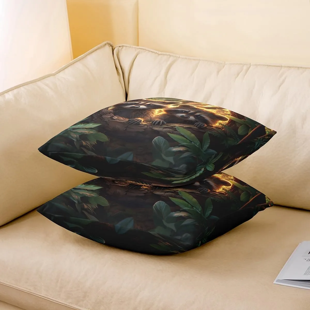 Erosebridal Kids Raccoon Decorative Pillow Cover Cute Wild Animals Pillow Cover Room Home Decor Kawaii Raccoon Cushion Cover Jungle Wildlife Throw Pillow Cover 18X18,Soft Microfiber