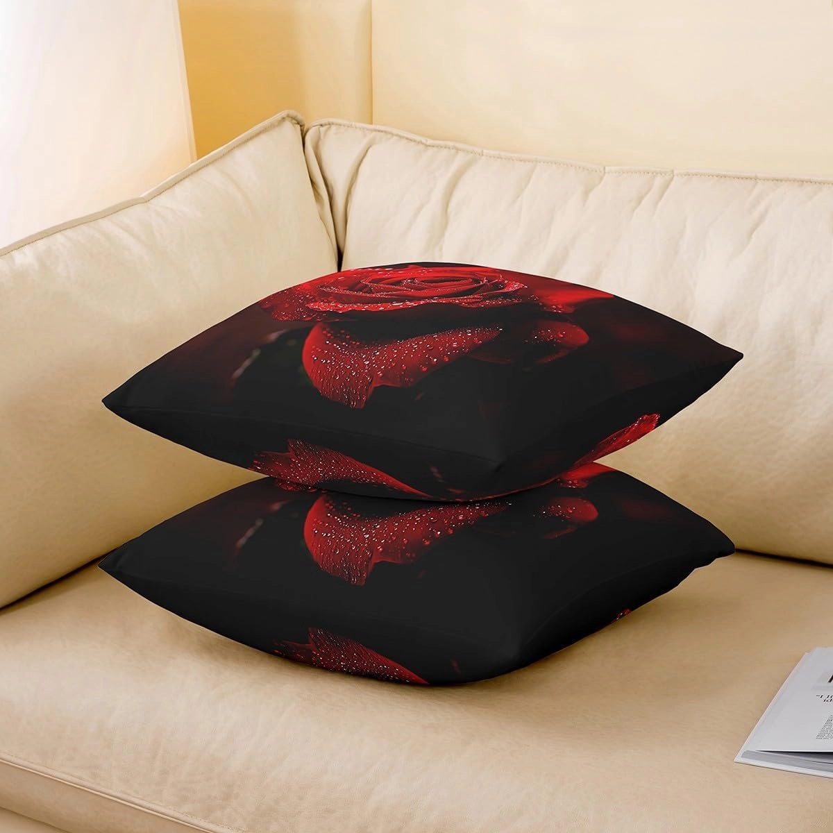 Erosebridal 3D Red Rose Throw Pillow Cover 20x20 Inch, Flowers Pillow Cover, Romantic Floral Cushion Cover, Dew Botanical Decorative Pillow Cover