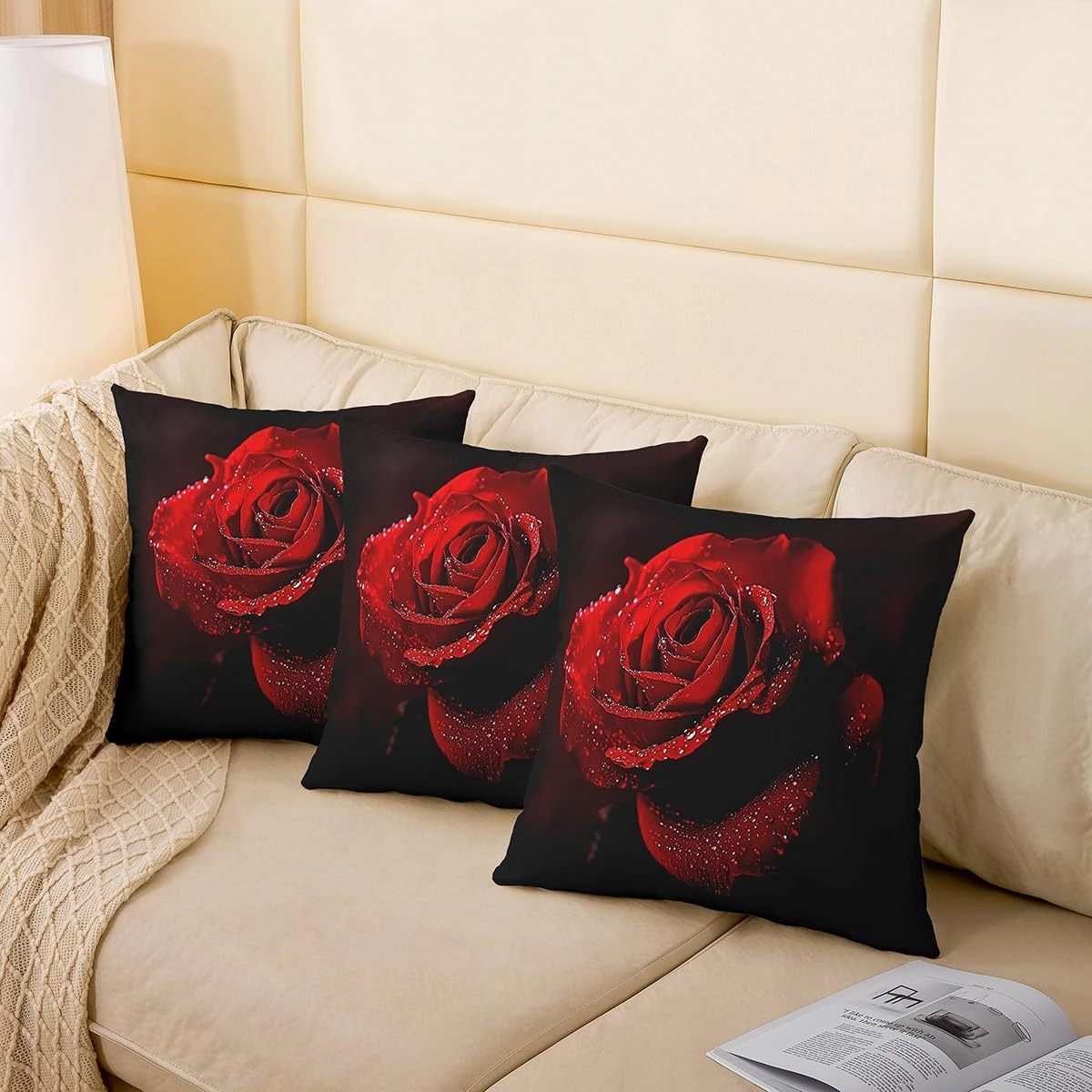 Erosebridal 3D Red Rose Throw Pillow Cover 20x20 Inch, Flowers Pillow Cover, Romantic Floral Cushion Cover, Dew Botanical Decorative Pillow Cover