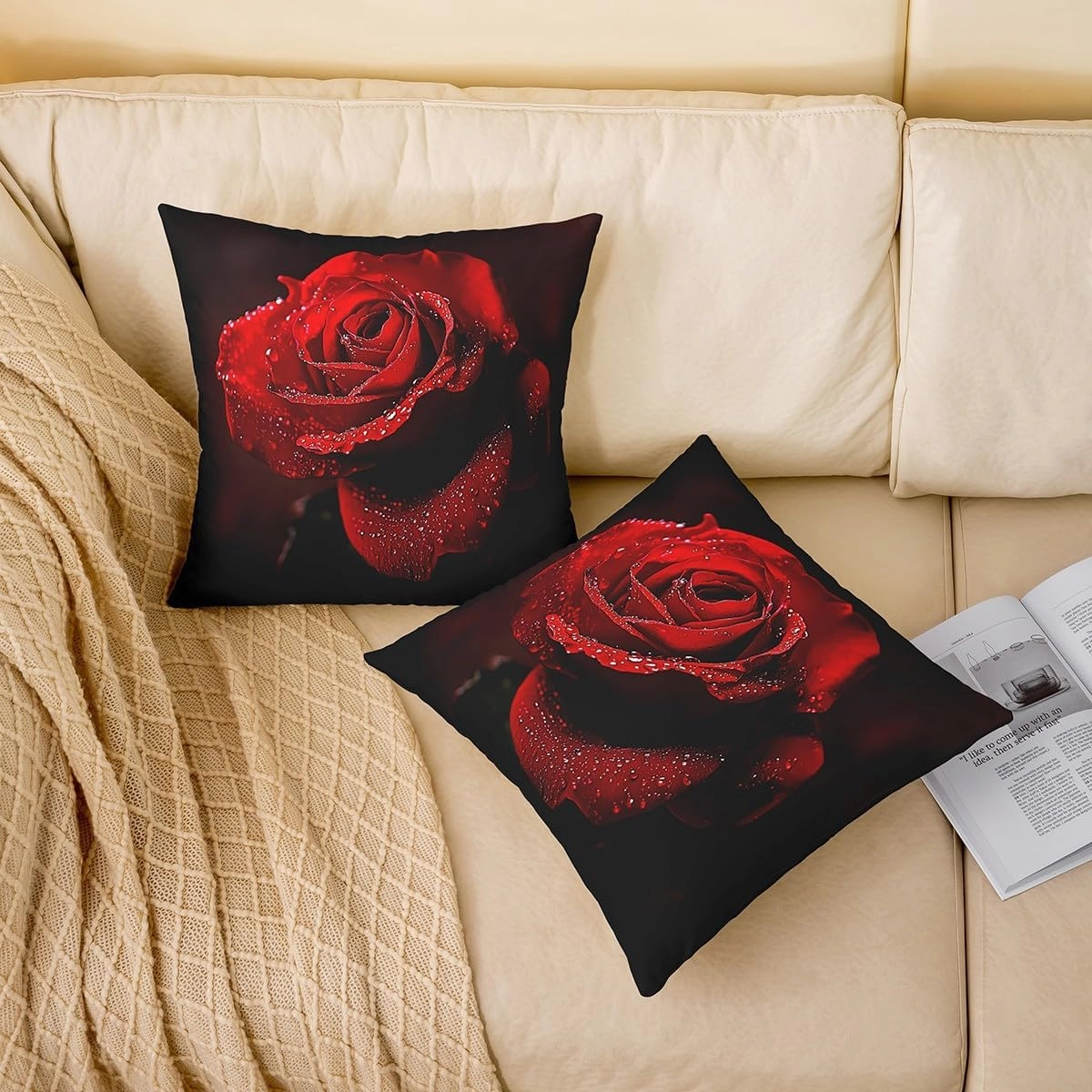 Erosebridal 3D Red Rose Throw Pillow Cover 20x20 Inch, Flowers Pillow Cover, Romantic Floral Cushion Cover, Dew Botanical Decorative Pillow Cover