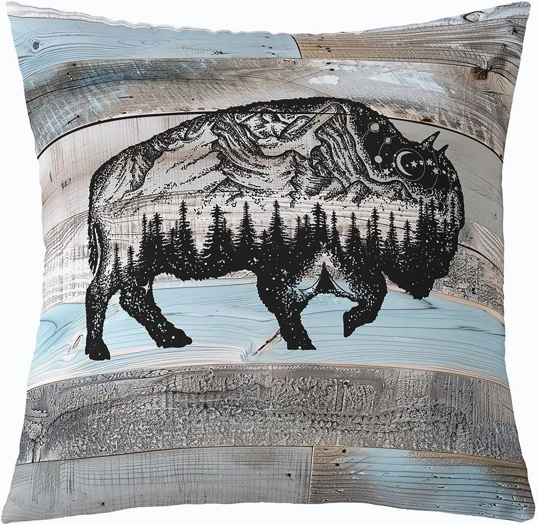 Erosebridal Bull Throw Pillow Cover 20x20 Inch Rustic Farmhouse Pillow Cover,Grey Blue Wooden Plank Woodland Wildlife Decorative Pillowcase,Cow Cattle Western Animal Sketch Cushion Cover