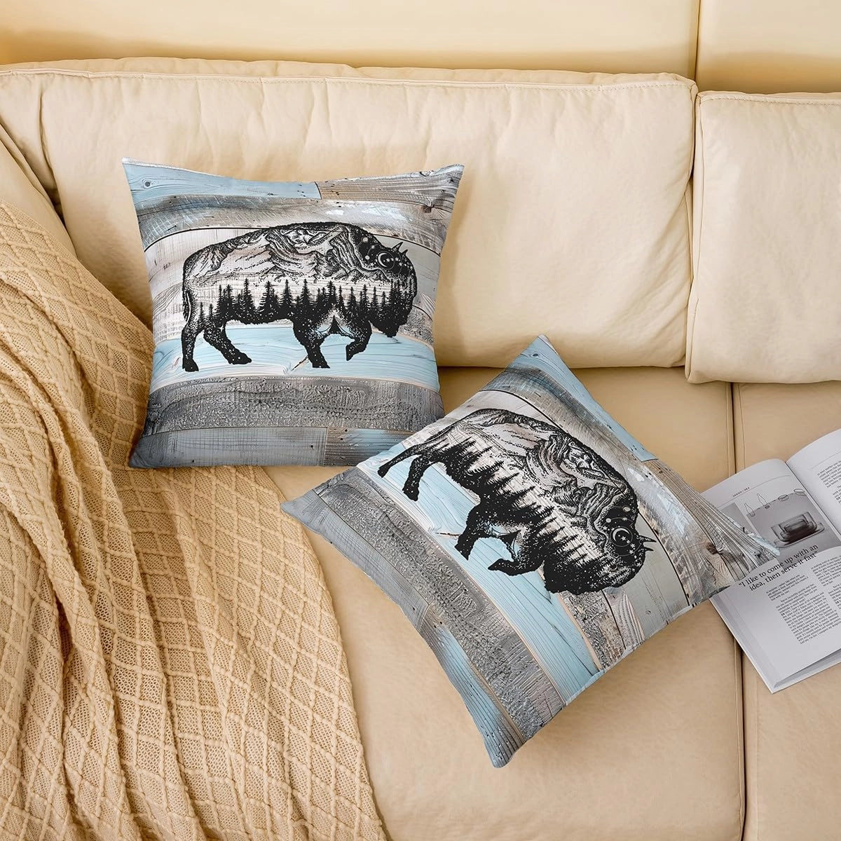 Erosebridal Bull Throw Pillow Covers 22x22 Inch Set of 2 Rustic Farmhouse Pillow Covers,Grey Blue Wooden Plank Woodland Wildlife Decorative Pillowcases,Cow Cattle Western Animal Sketch Cushion Covers