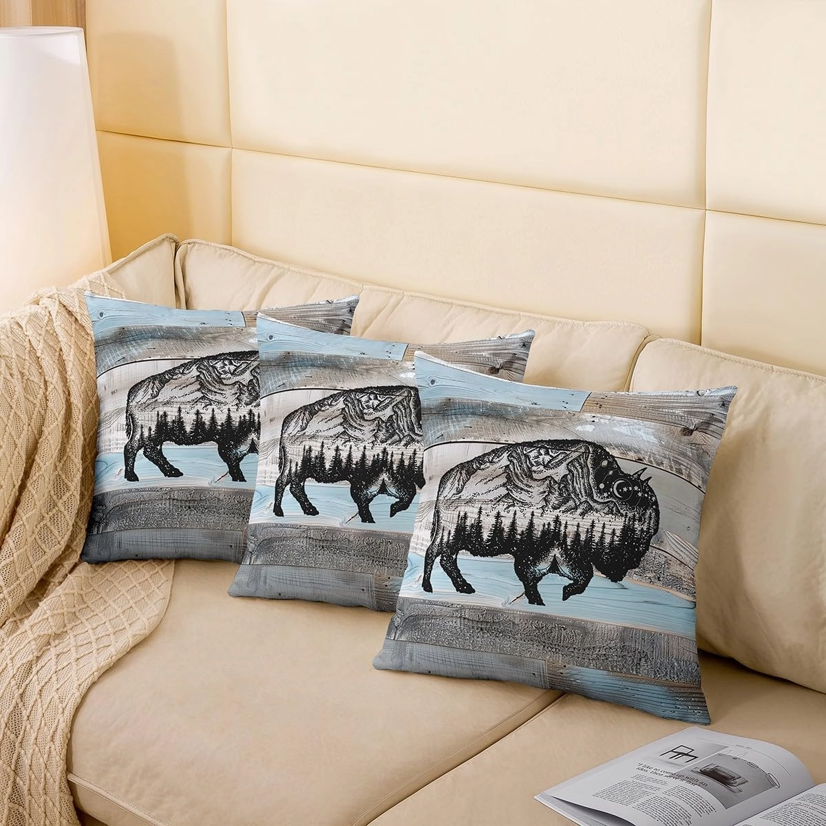 Erosebridal Bull Throw Pillow Covers 22x22 Inch Set of 2 Rustic Farmhouse Pillow Covers,Grey Blue Wooden Plank Woodland Wildlife Decorative Pillowcases,Cow Cattle Western Animal Sketch Cushion Covers