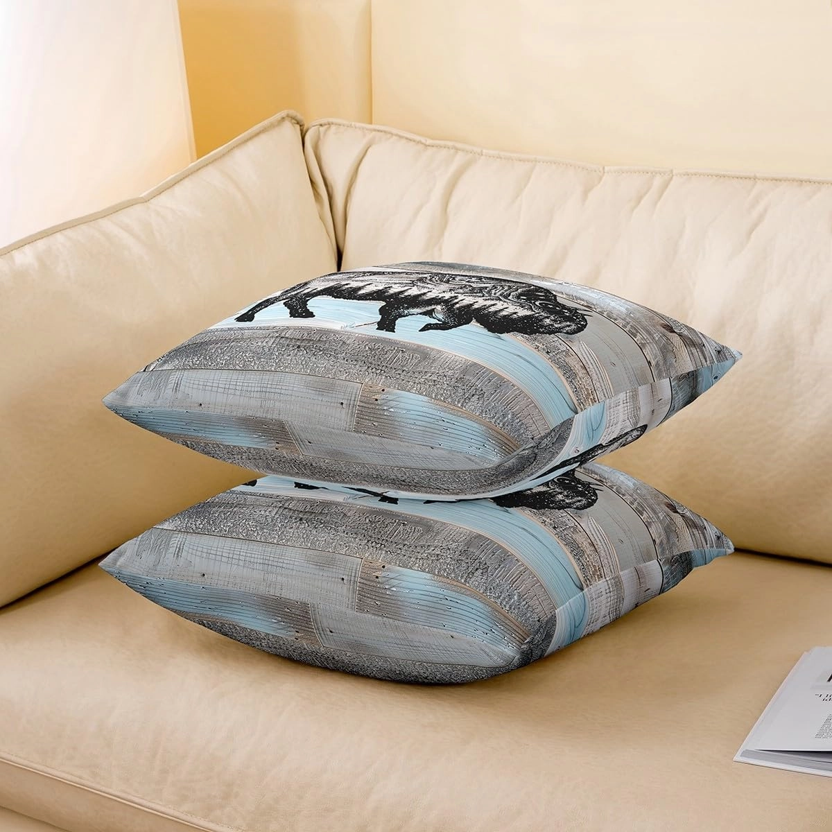 Erosebridal Bull Throw Pillow Covers 22x22 Inch Set of 2 Rustic Farmhouse Pillow Covers,Grey Blue Wooden Plank Woodland Wildlife Decorative Pillowcases,Cow Cattle Western Animal Sketch Cushion Covers