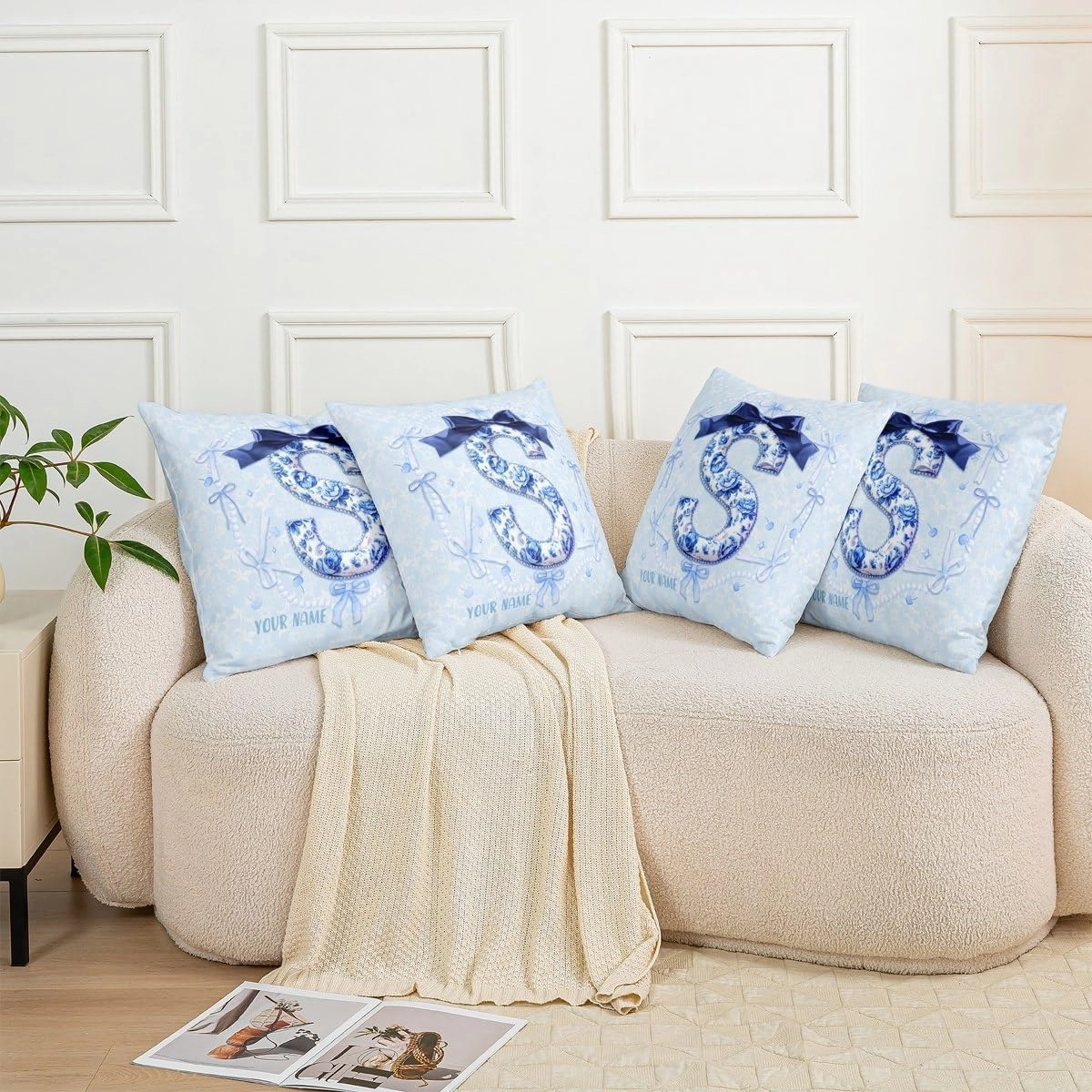 Erosebridal Custom Name Cute Blue Bow Throw Pillow Cover Preppy Coquette Bows Pillow Cover Girly Floral Cushion Case Princess Monogram Initial S Birthday Gifts Decor,22x22 Inch(S)