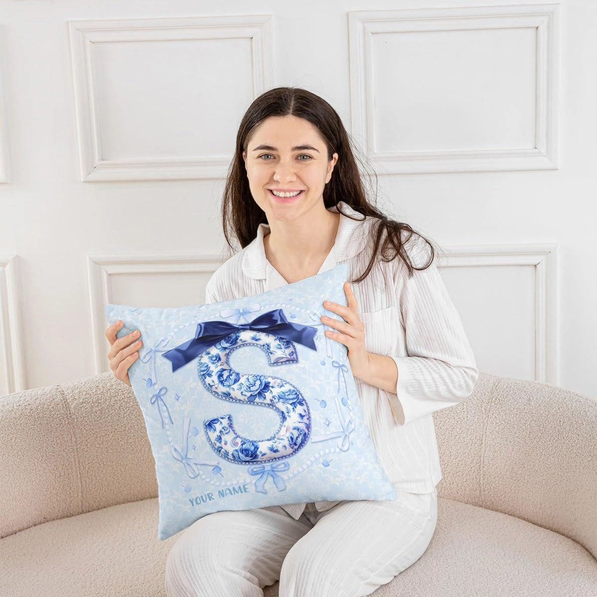 Erosebridal Custom Name Cute Blue Bow Throw Pillow Cover Preppy Coquette Bows Pillow Cover Girly Floral Cushion Case Princess Monogram Initial S Birthday Gifts Decor,22x22 Inch(S)