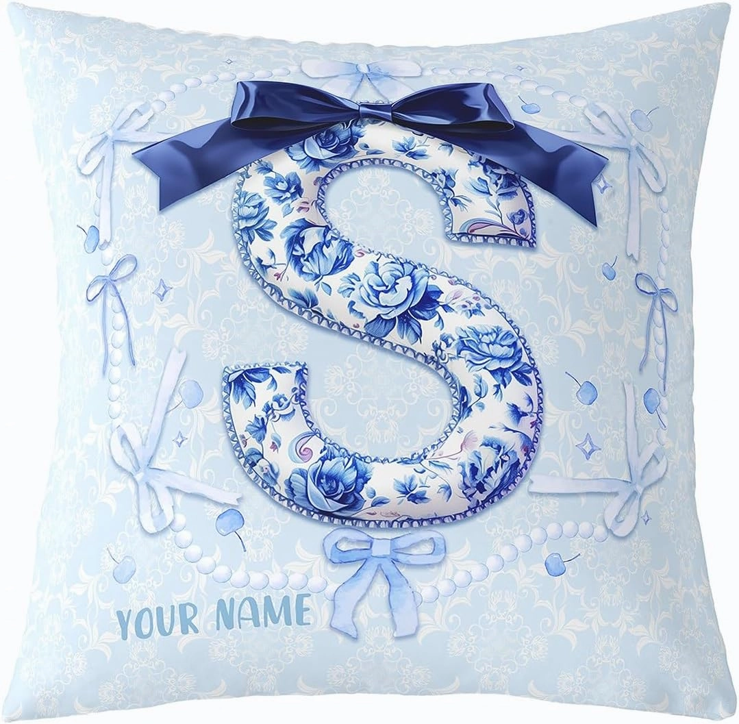 Erosebridal Custom Name Cute Blue Bow Throw Pillow Cover Preppy Coquette Bows Pillow Cover Girly Floral Cushion Case Princess Monogram Initial S Birthday Gifts Decor,22x22 Inch(S)