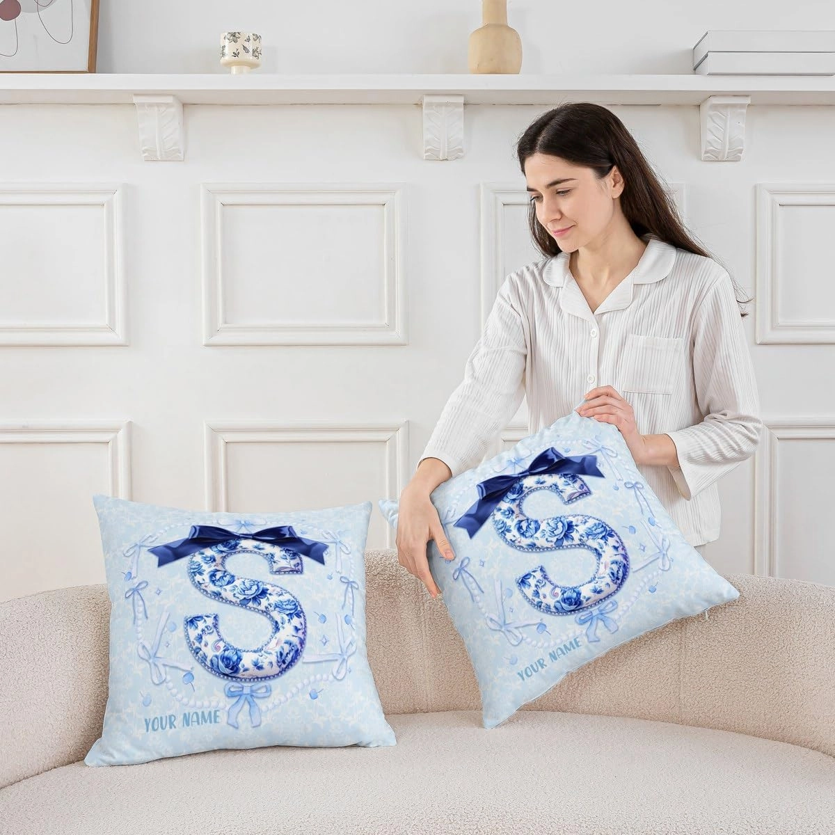 Erosebridal Custom Name Cute Blue Bow Throw Pillow Cover Preppy Coquette Bows Pillow Cover Girly Floral Cushion Case Princess Monogram Initial S Birthday Gifts Decor,22x22 Inch(S)