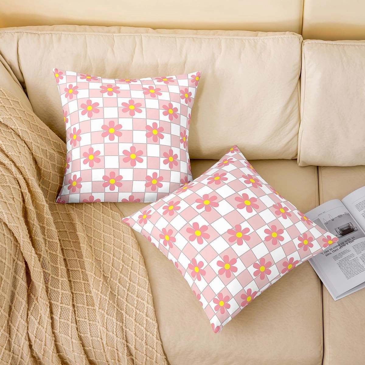 Erosebridal Daisy Flowers Pillow Covers 24x24 Inch Set of 2,White Pink Buffalo Plaid Grid Throw Pillow Covers,Botanical Floral Cushion Cases,Geometry Lattice Tartan Pillow Inserts Not Included