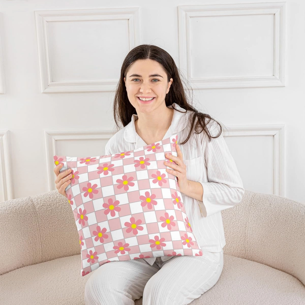 Erosebridal Daisy Flowers Pillow Covers 24x24 Inch Set of 2,White Pink Buffalo Plaid Grid Throw Pillow Covers,Botanical Floral Cushion Cases,Geometry Lattice Tartan Pillow Inserts Not Included