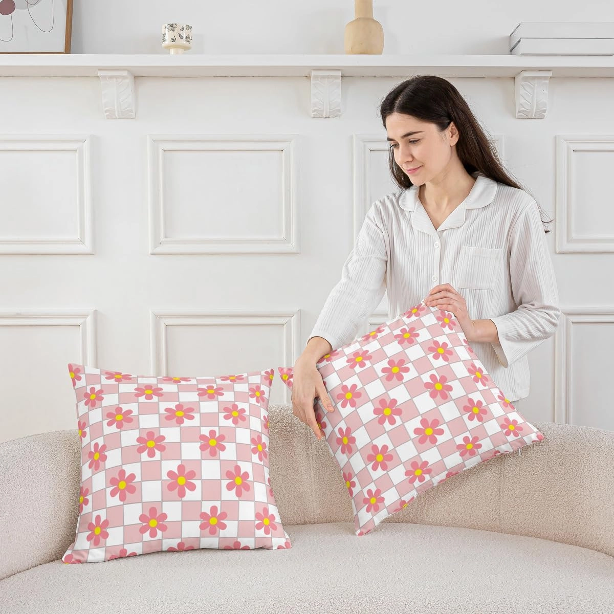 Erosebridal Daisy Flowers Pillow Covers 24x24 Inch Set of 2,White Pink Buffalo Plaid Grid Throw Pillow Covers,Botanical Floral Cushion Cases,Geometry Lattice Tartan Pillow Inserts Not Included
