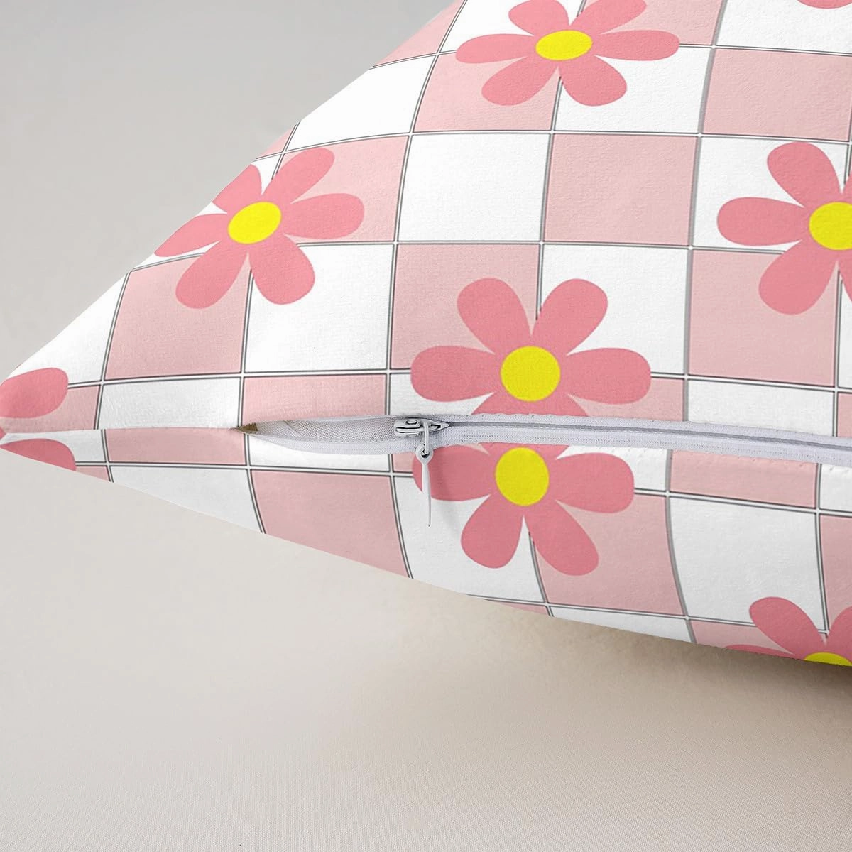 Erosebridal Daisy Flowers Pillow Covers 24x24 Inch Set of 2,White Pink Buffalo Plaid Grid Throw Pillow Covers,Botanical Floral Cushion Cases,Geometry Lattice Tartan Pillow Inserts Not Included