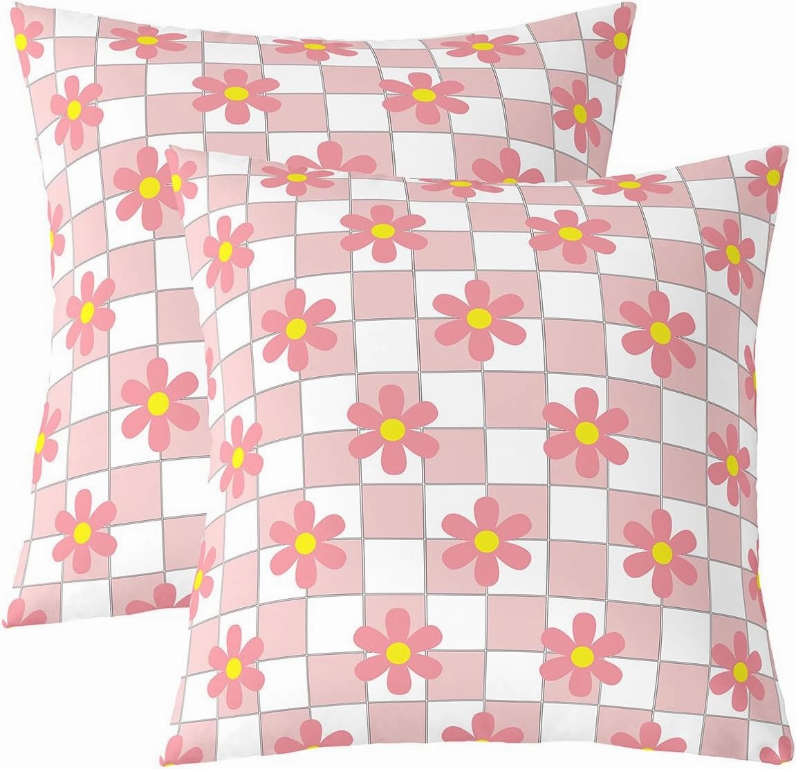 Erosebridal Daisy Flowers Pillow Covers 24x24 Inch Set of 2,White Pink Buffalo Plaid Grid Throw Pillow Covers,Botanical Floral Cushion Cases,Geometry Lattice Tartan Pillow Inserts Not Included