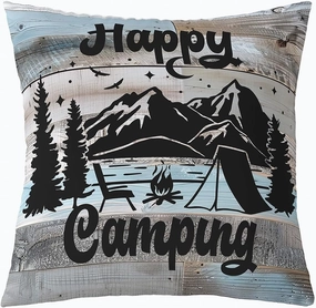 Erosebridal Happy Camping Pillow Cover Rustic Farmhouse Throw Pillow Cover,Camper Black Sketch Drawing Decorative Square Pillow Case,Retro Old Barn Door Cottage Cushion Case 24x24 Inch
