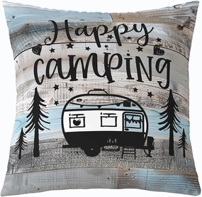 Erosebridal Happy Camping Throw Pillow Cover,Camper Decor Pillow Cover,Rustic Farmhouse Cushion Case Cabin Decor,Vintage Wooden Planks Decorative Pillow Cover 24x24 Inch,Blue Grey Black