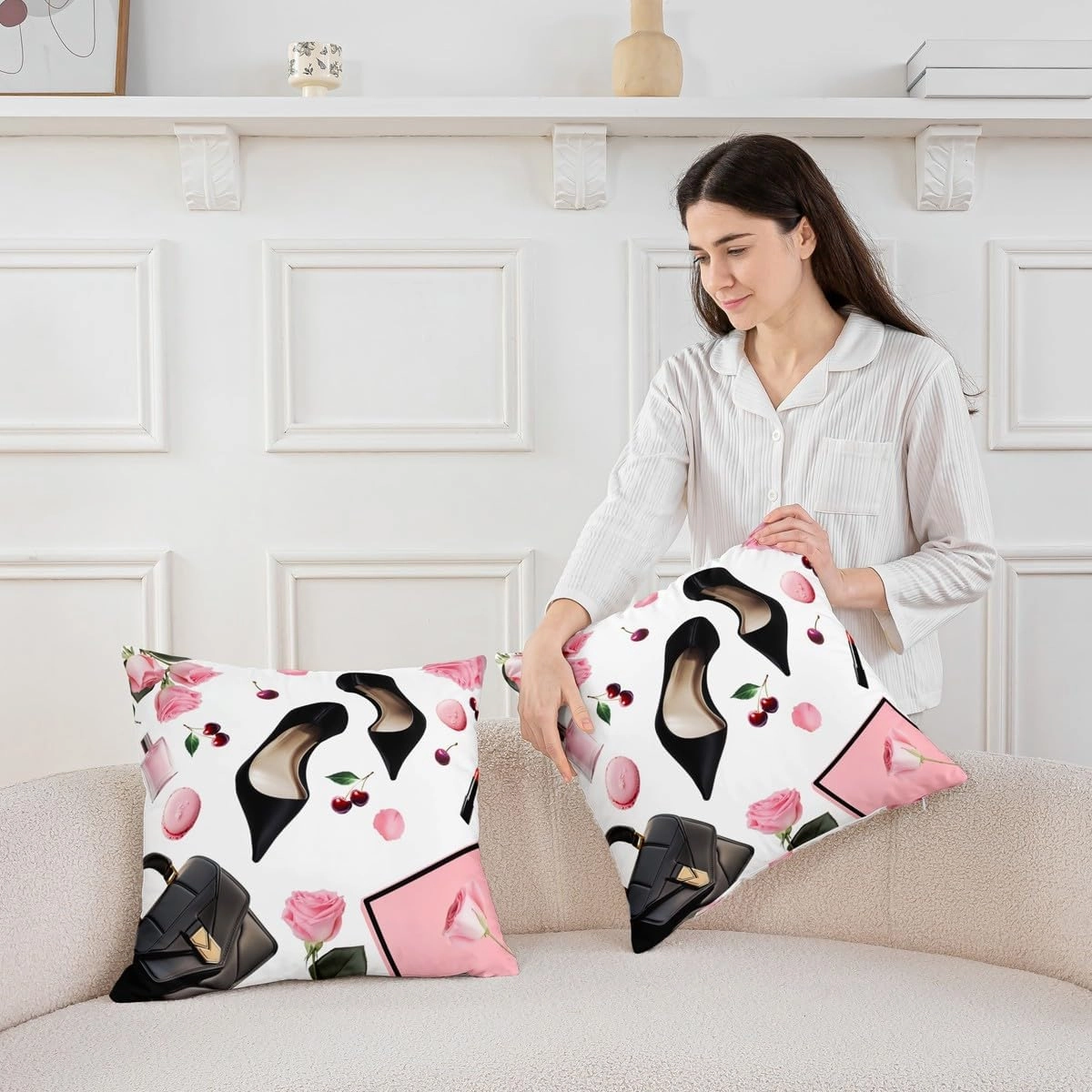 Erosebridal High Heel Throw Pillow Cover 18x18 Inch Handbag Cushion Cover for Girls Women Macarons Rose Cherry Fantasy White Pink Black Cushion Case Soft Decorative Pillowcase