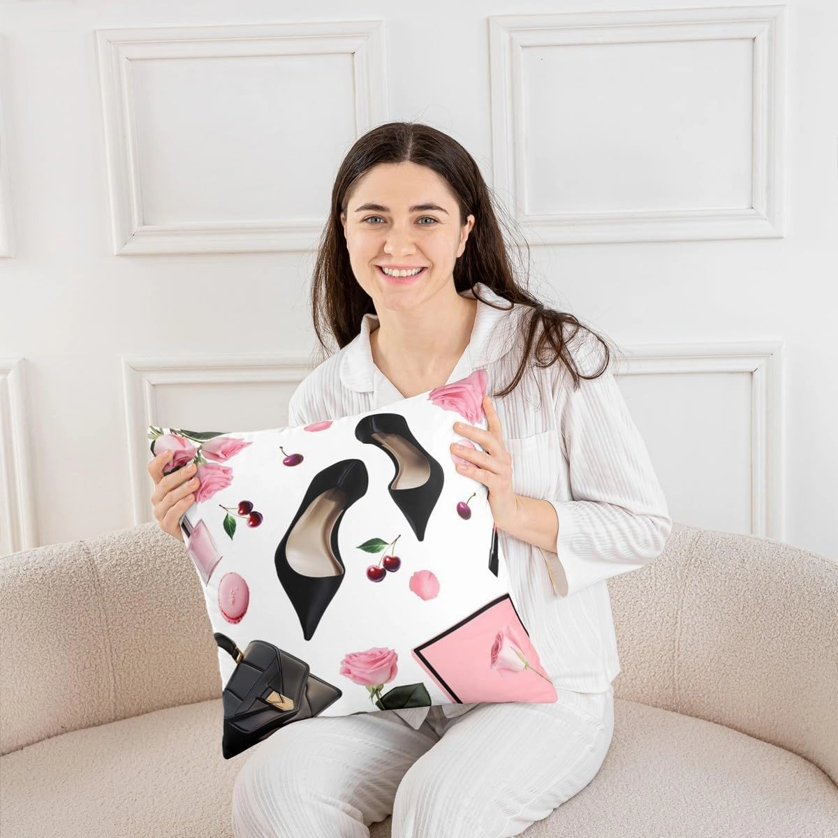 Erosebridal High Heel Throw Pillow Cover 18x18 Inch Handbag Cushion Cover for Girls Women Macarons Rose Cherry Fantasy White Pink Black Cushion Case Soft Decorative Pillowcase