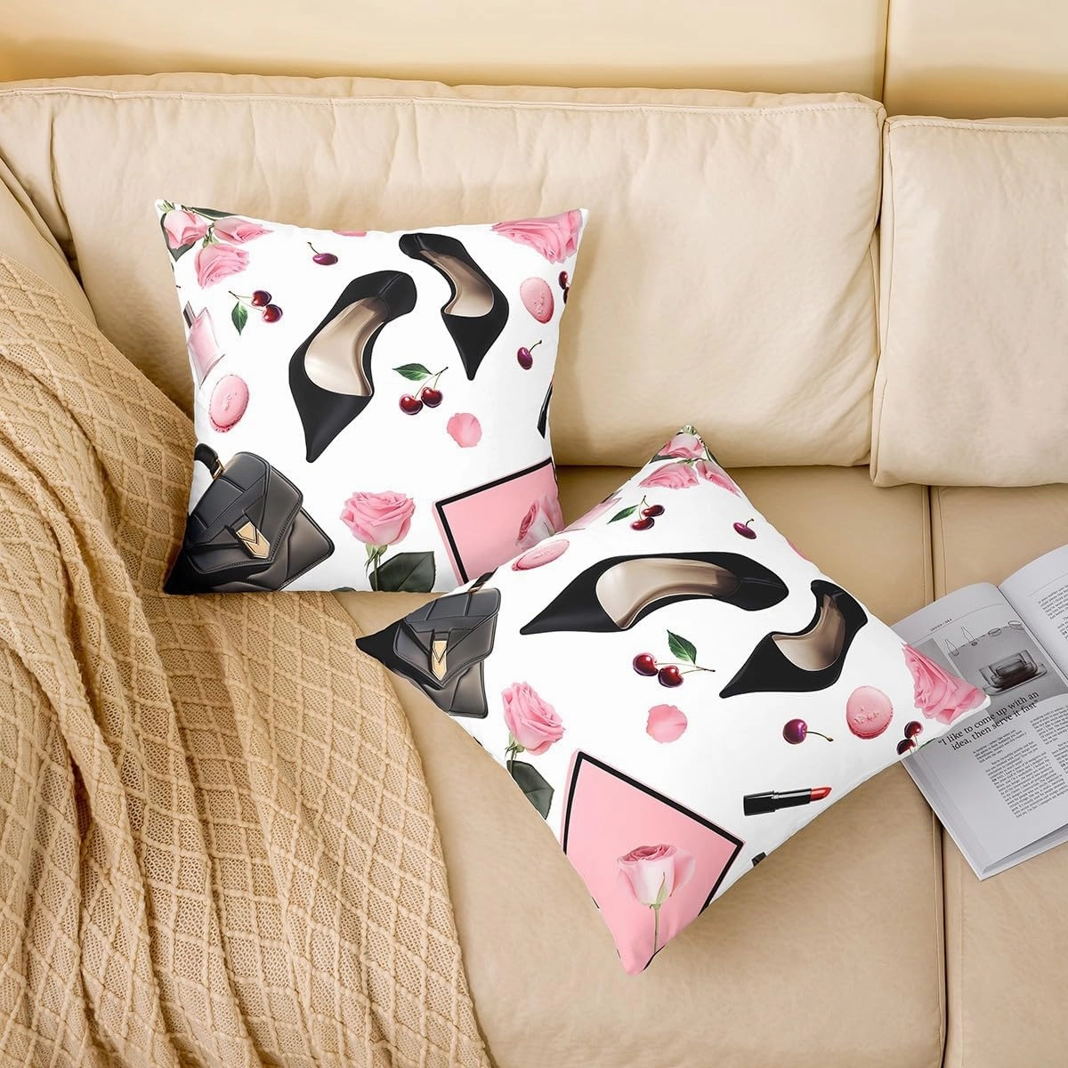 Erosebridal High Heel Throw Pillow Cover 18x18 Inch Handbag Cushion Cover for Girls Women Macarons Rose Cherry Fantasy White Pink Black Cushion Case Soft Decorative Pillowcase