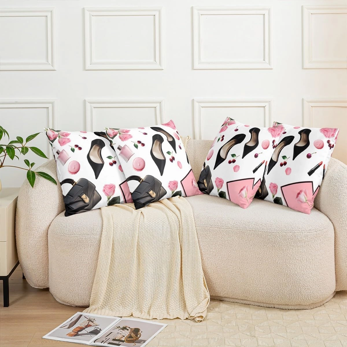 Erosebridal High Heel Throw Pillow Cover 18x18 Inch Handbag Cushion Cover for Girls Women Macarons Rose Cherry Fantasy White Pink Black Cushion Case Soft Decorative Pillowcase