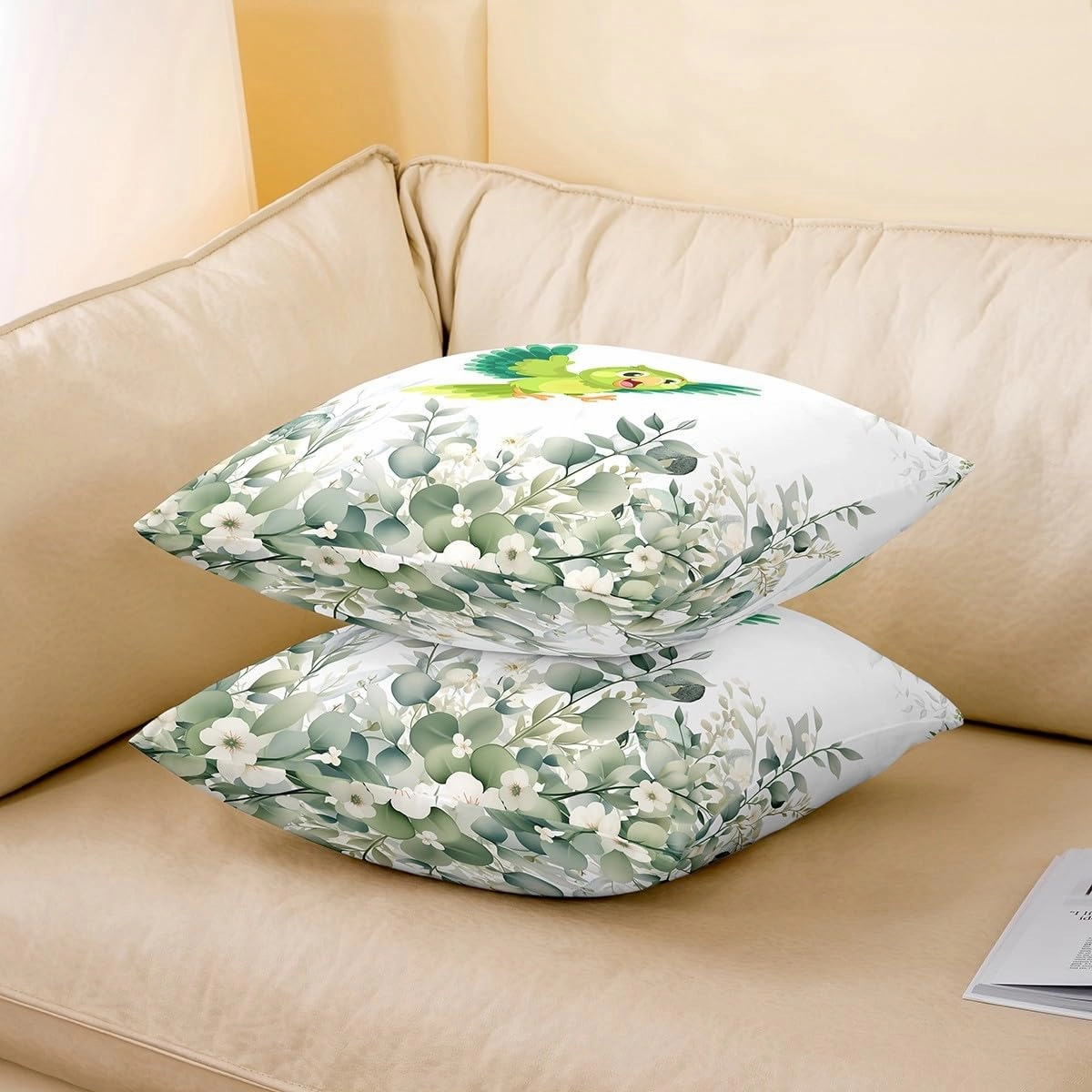 Erosebridal Pack of 2 Cute Bird 18x18 Throw Pillow Covers,Boys Cartoon Animal Pillow Covers,Kawaii Wildlife Plants Cushion Covers,Minimalist Eucalyptus Decorative Pillow Covers for Kids Girls