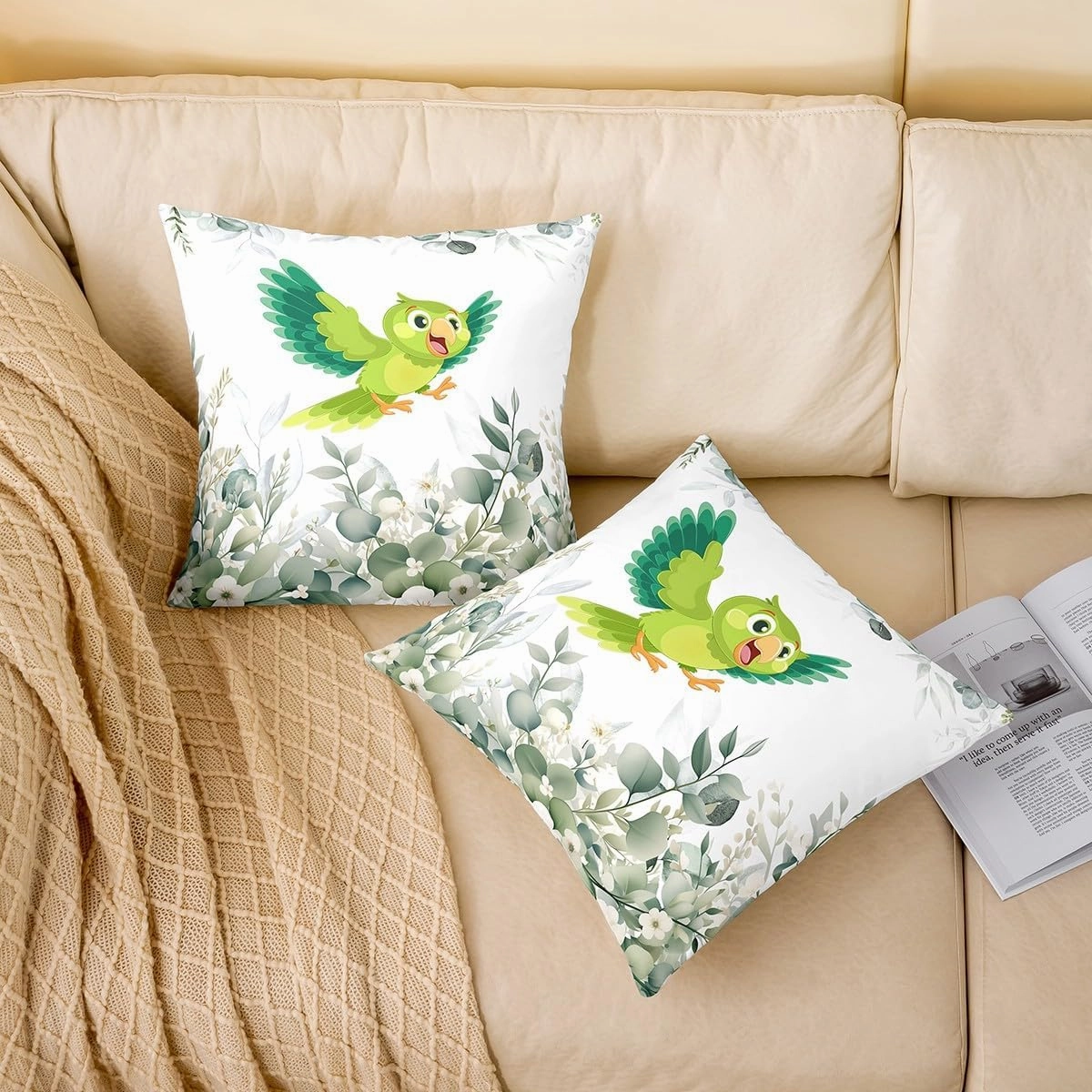 Erosebridal Pack of 2 Cute Bird 18x18 Throw Pillow Covers,Boys Cartoon Animal Pillow Covers,Kawaii Wildlife Plants Cushion Covers,Minimalist Eucalyptus Decorative Pillow Covers for Kids Girls