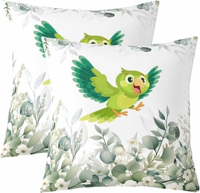 Erosebridal Pack of 2 Cute Bird 18x18 Throw Pillow Covers,Boys Cartoon Animal Pillow Covers,Kawaii Wildlife Plants Cushion Covers,Minimalist Eucalyptus Decorative Pillow Covers for Kids Girls