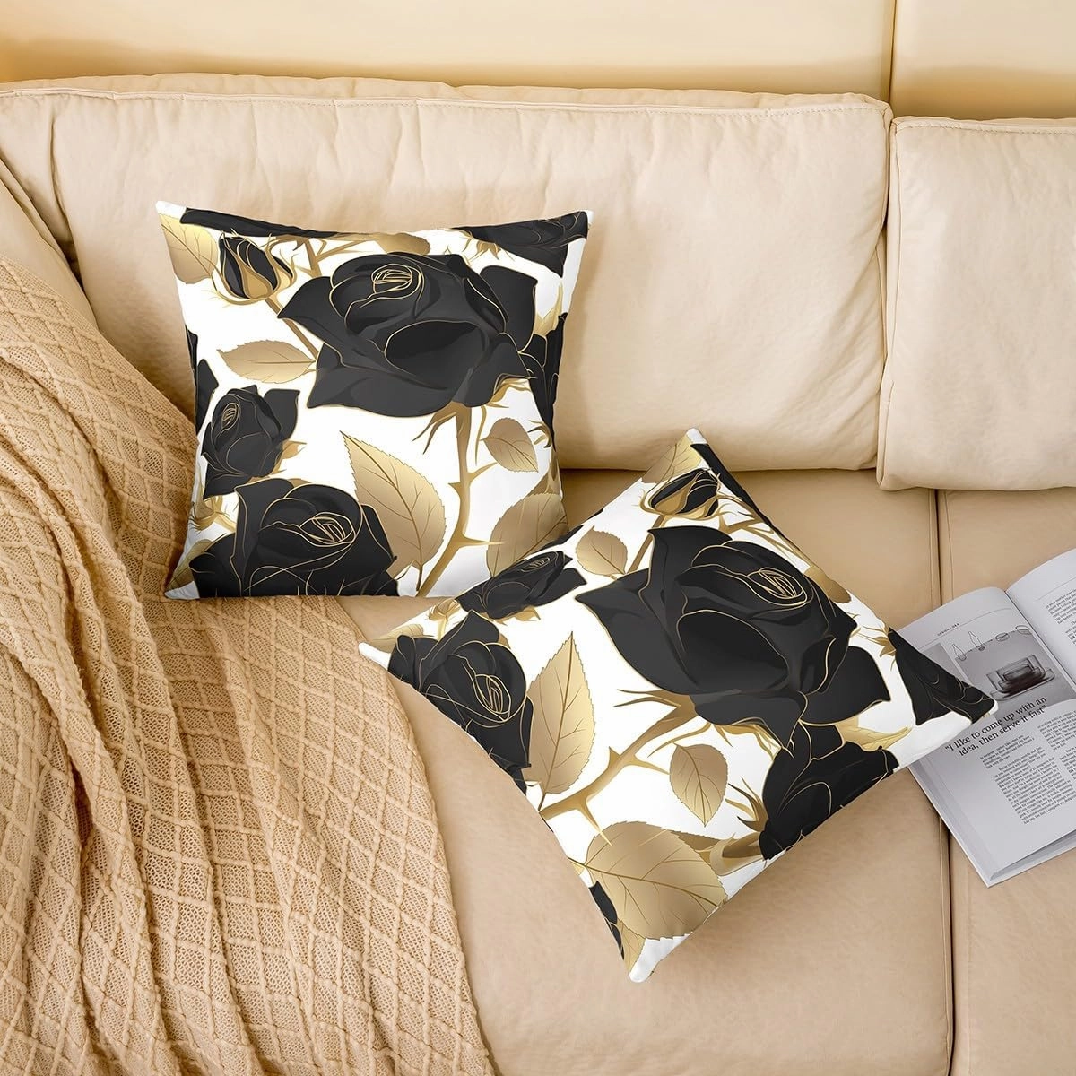 Erosebridal Rose Throw Pillow Cover 20x20 Inch, Black Roses Golden Leaves Pillow Cover, Romantic Mysterious Elegant Cushion Cover, Botanical Flowers Decorative Pillow Cover, Rose Thorns Cushion Case