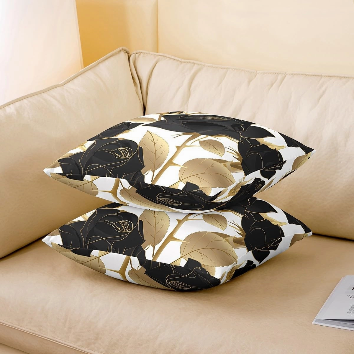Erosebridal Rose Throw Pillow Cover 20x20 Inch, Black Roses Golden Leaves Pillow Cover, Romantic Mysterious Elegant Cushion Cover, Botanical Flowers Decorative Pillow Cover, Rose Thorns Cushion Case