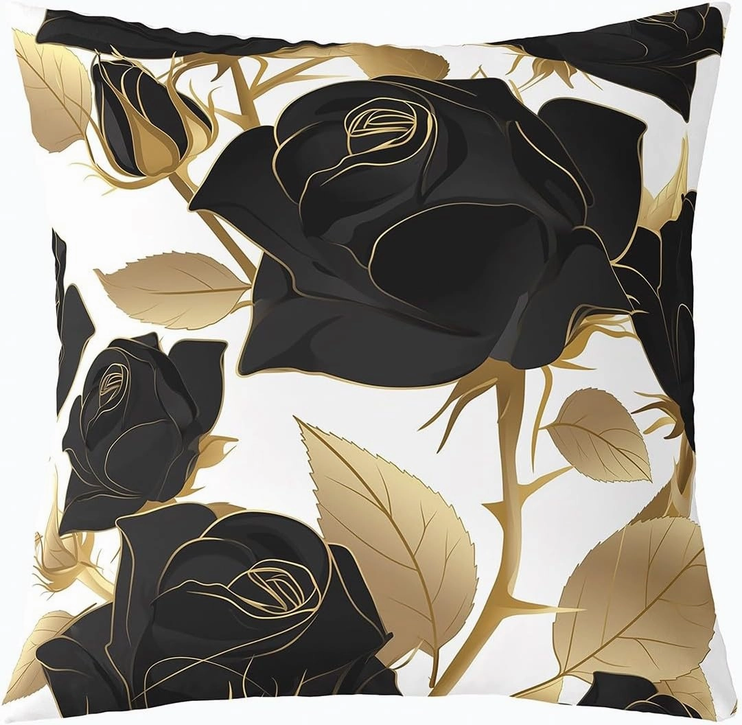 Erosebridal Rose Throw Pillow Cover 20x20 Inch, Black Roses Golden Leaves Pillow Cover, Romantic Mysterious Elegant Cushion Cover, Botanical Flowers Decorative Pillow Cover, Rose Thorns Cushion Case