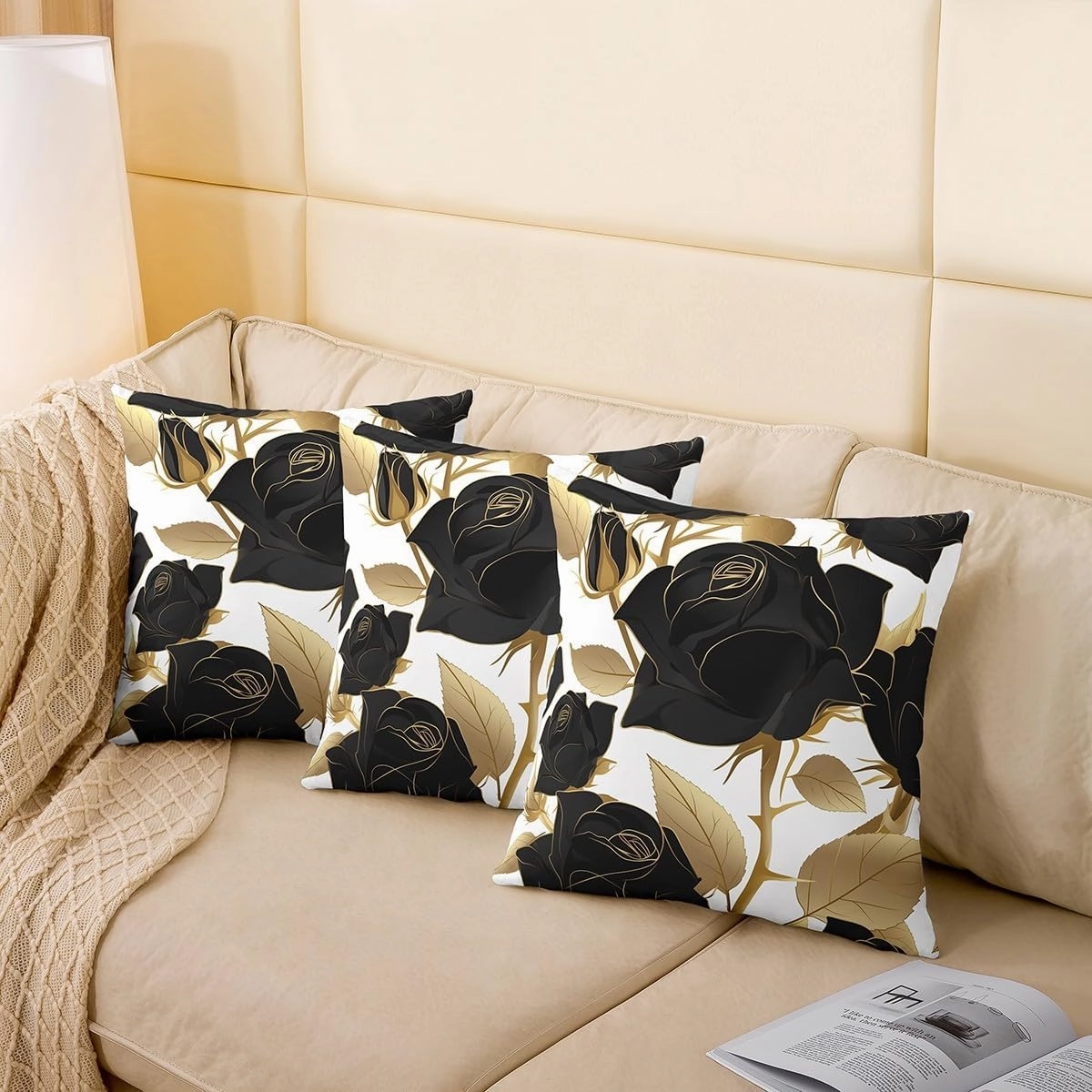 Erosebridal Rose Throw Pillow Cover 20x20 Inch, Black Roses Golden Leaves Pillow Cover, Romantic Mysterious Elegant Cushion Cover, Botanical Flowers Decorative Pillow Cover, Rose Thorns Cushion Case