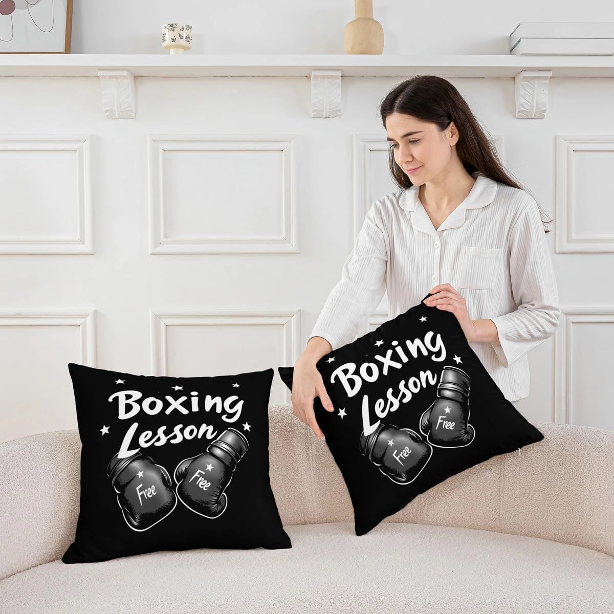 Erosebridal Set of 2 Boxing Throw Pillow Covers 22x22 Inch Sports Decorative Pillowcases for Kids Boys Men Starry Gloves Gaming Black White Cushion Cases Soft Cushion Covers