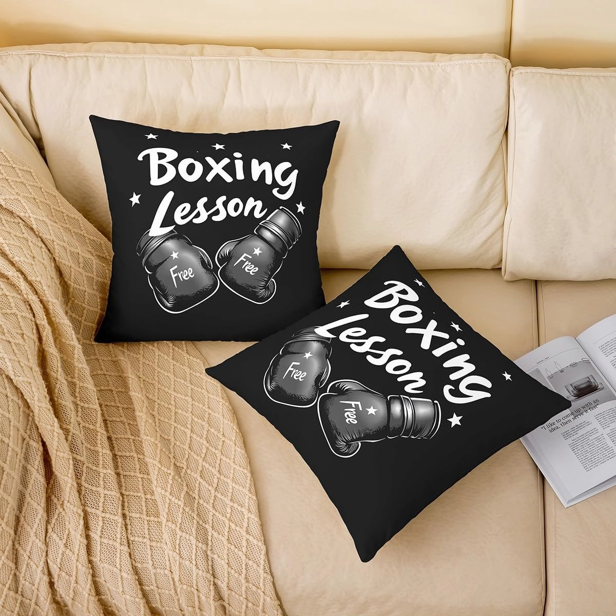 Erosebridal Set of 2 Boxing Throw Pillow Covers 22x22 Inch Sports Decorative Pillowcases for Kids Boys Men Starry Gloves Gaming Black White Cushion Cases Soft Cushion Covers