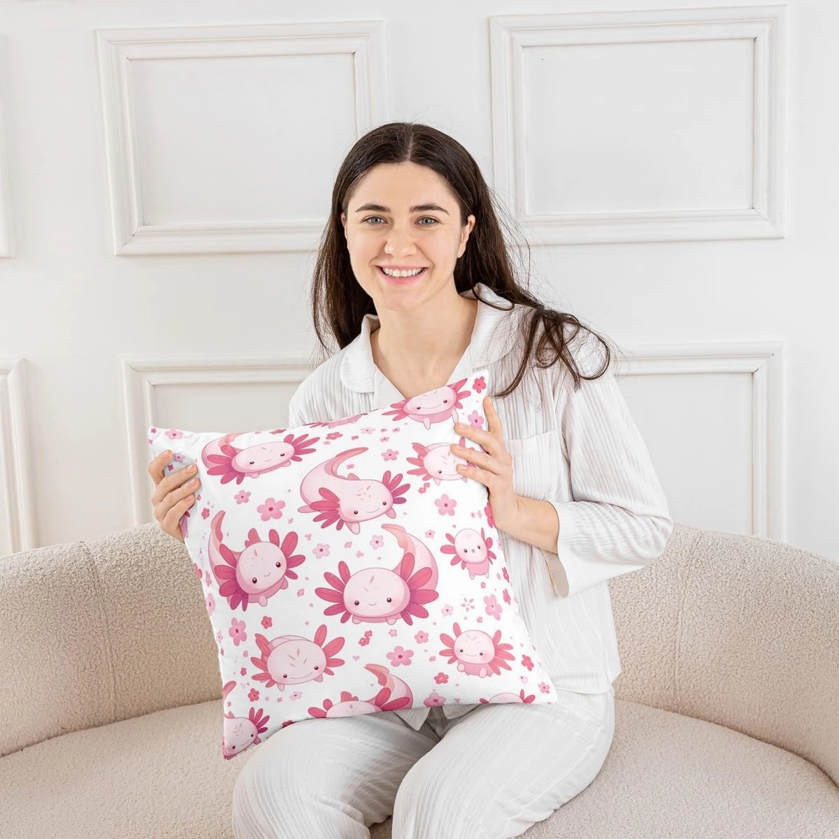 Erosebridal Set of 2 Floral Dragon Decorative Pillowcases 22x22 Inch Cherry Blossoms Cushion Covers for Kids Girls Women Kawaii Cartoon Pink White Cushion Cases Soft Throw Pillow Covers