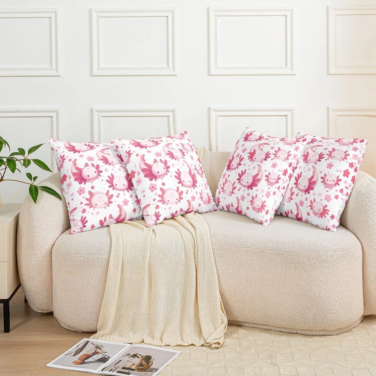Erosebridal Set of 2 Floral Dragon Decorative Pillowcases 22x22 Inch Cherry Blossoms Cushion Covers for Kids Girls Women Kawaii Cartoon Pink White Cushion Cases Soft Throw Pillow Covers