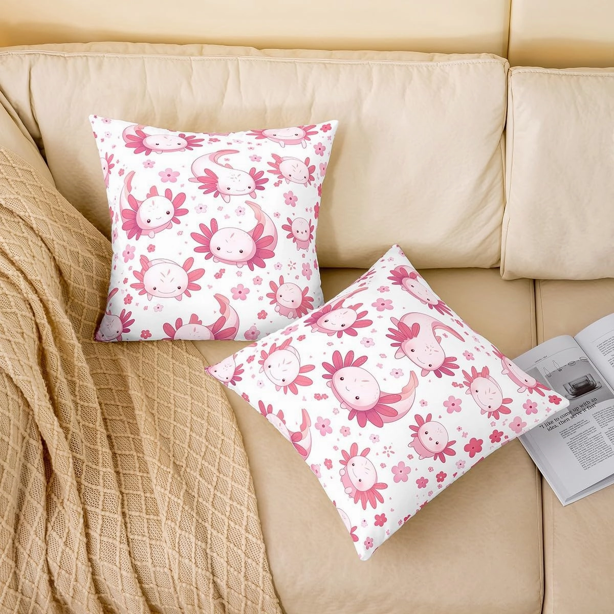Erosebridal Set of 2 Floral Dragon Decorative Pillowcases 22x22 Inch Cherry Blossoms Cushion Covers for Kids Girls Women Kawaii Cartoon Pink White Cushion Cases Soft Throw Pillow Covers