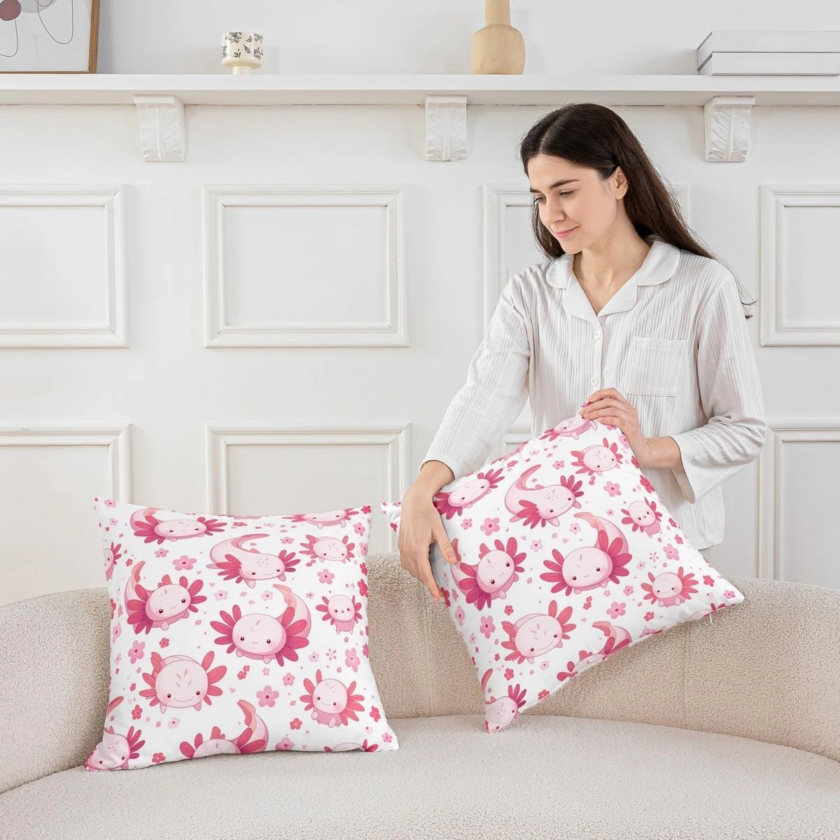 Erosebridal Set of 2 Floral Dragon Decorative Pillowcases 22x22 Inch Cherry Blossoms Cushion Covers for Kids Girls Women Kawaii Cartoon Pink White Cushion Cases Soft Throw Pillow Covers