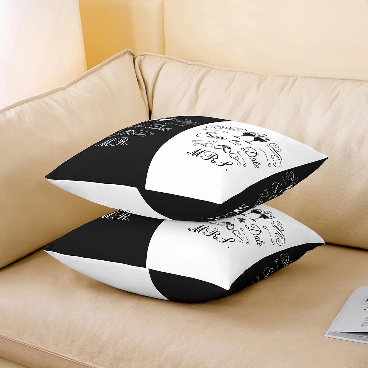 Erosebridal Valentine's Day Set of 4 Throw Pillow Covers 16x16 Inch, Black White Symmetry Pillow Covers, Romantic Cushion Covers, Diamond Ring Wine Glass Decorative Pillow Covers