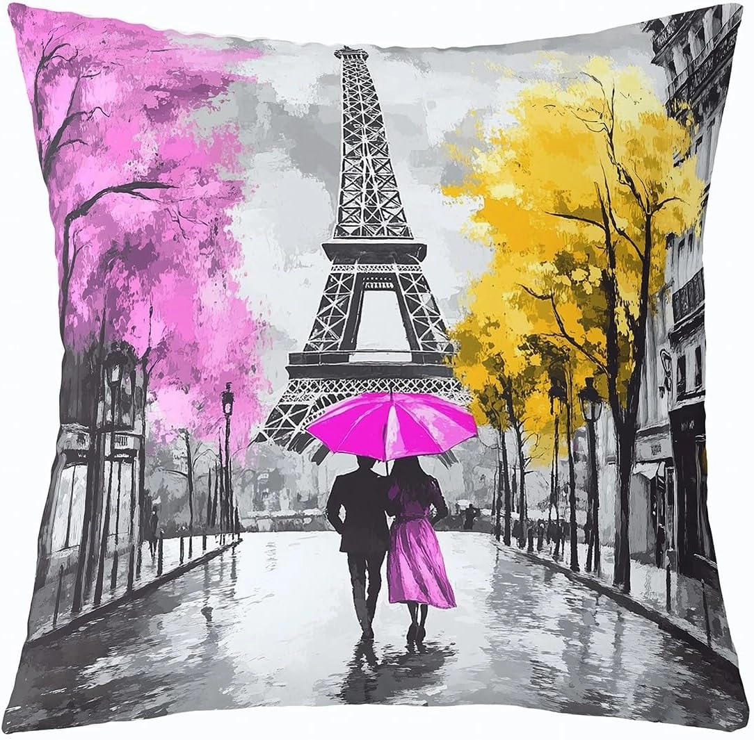 Erosebridal Valentine's Day Throw Pillow Cover 20x20 Inch, Couple Walking Pillow Cover, Romantic Eiffel Tower Cushion Cover, Cityscape Street Decorative Pillow Cover, Tree Botanical Cushion Case