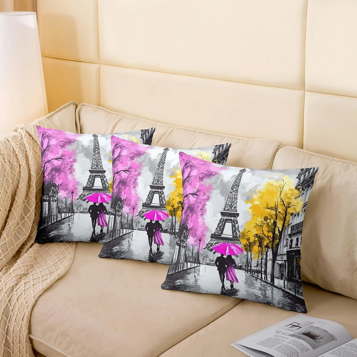 Erosebridal Valentine's Day Throw Pillow Cover 20x20 Inch, Couple Walking Pillow Cover, Romantic Eiffel Tower Cushion Cover, Cityscape Street Decorative Pillow Cover, Tree Botanical Cushion Case
