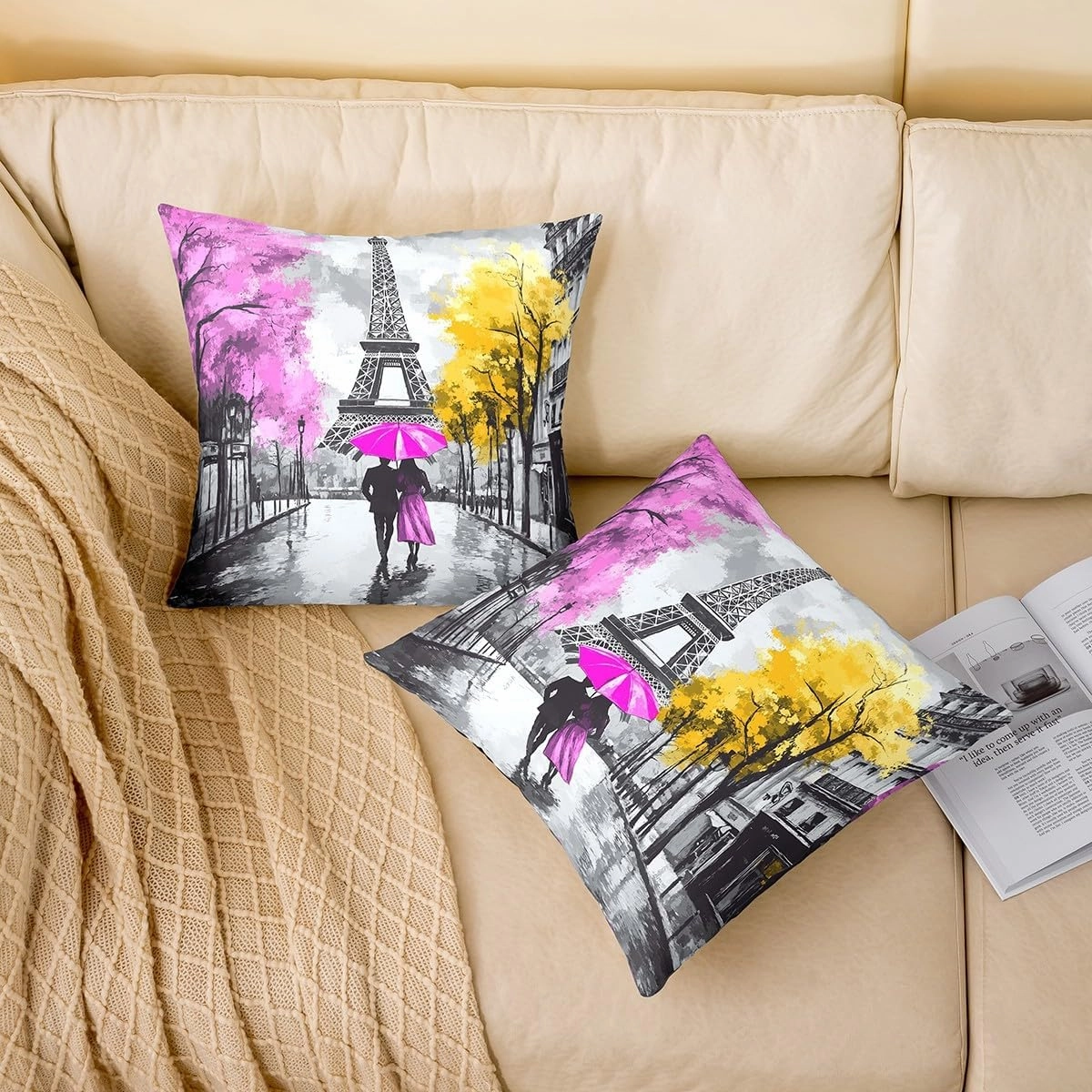 Erosebridal Valentine's Day Throw Pillow Cover 20x20 Inch, Couple Walking Pillow Cover, Romantic Eiffel Tower Cushion Cover, Cityscape Street Decorative Pillow Cover, Tree Botanical Cushion Case