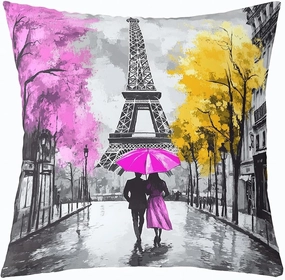 Erosebridal Valentine's Day Throw Pillow Cover 20x20 Inch, Couple Walking Pillow Cover, Romantic Eiffel Tower Cushion Cover, Cityscape Street Decorative Pillow Cover, Tree Botanical Cushion Case