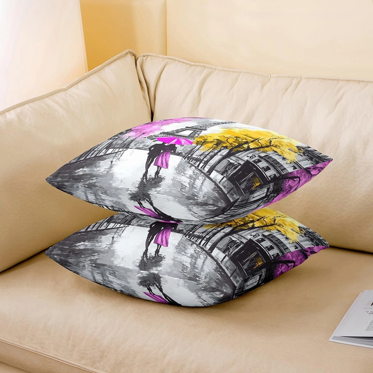 Erosebridal Valentine's Day Throw Pillow Cover 20x20 Inch, Couple Walking Pillow Cover, Romantic Eiffel Tower Cushion Cover, Cityscape Street Decorative Pillow Cover, Tree Botanical Cushion Case